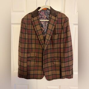 Tallia Men’s Slim Fit Tartan Sport Blazer 46R Wool Blend Suede Collar